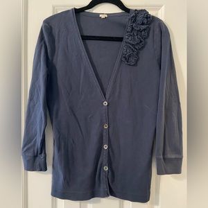J Crew Blue 3/4 Sleeve Button Cardigan w/ Ruffle Detail - L